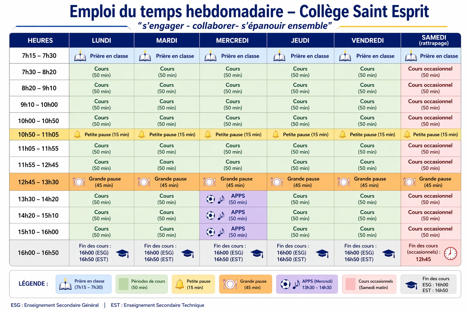Emploi du temps – Collège Saint Esprit 2025-2026